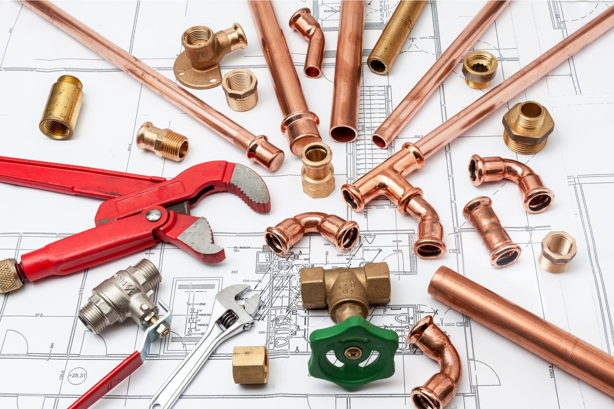 Copper pipes, fittings, valves, and plumbing tools in Bethel Park
