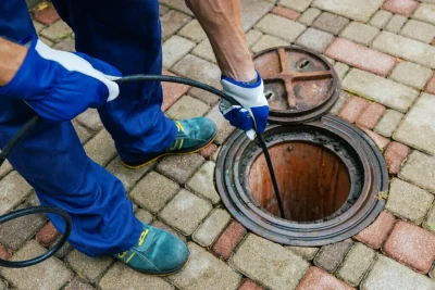 Plumber cleaning an outdoor sewer drain in Bethel Park