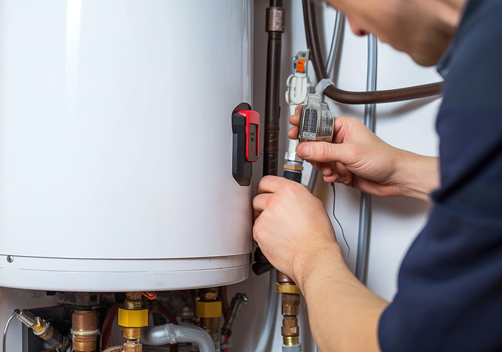 Technician repairing pipes connected to a water heater in Bethel Park